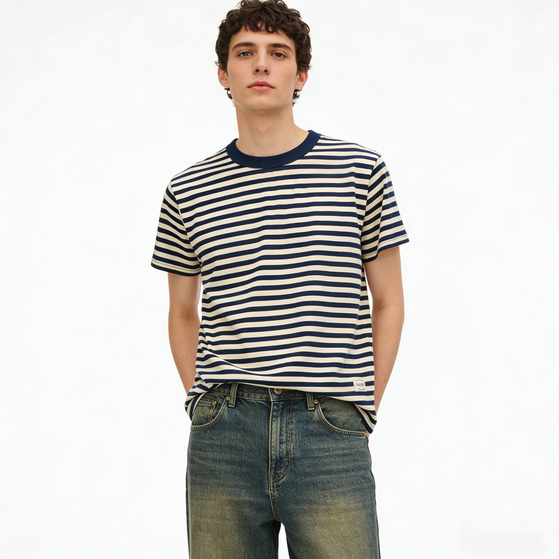 Nuevo OKONKWO 230G Camiseta de manga corta de algodón a rayas camisa Sea Spirit ameikaji