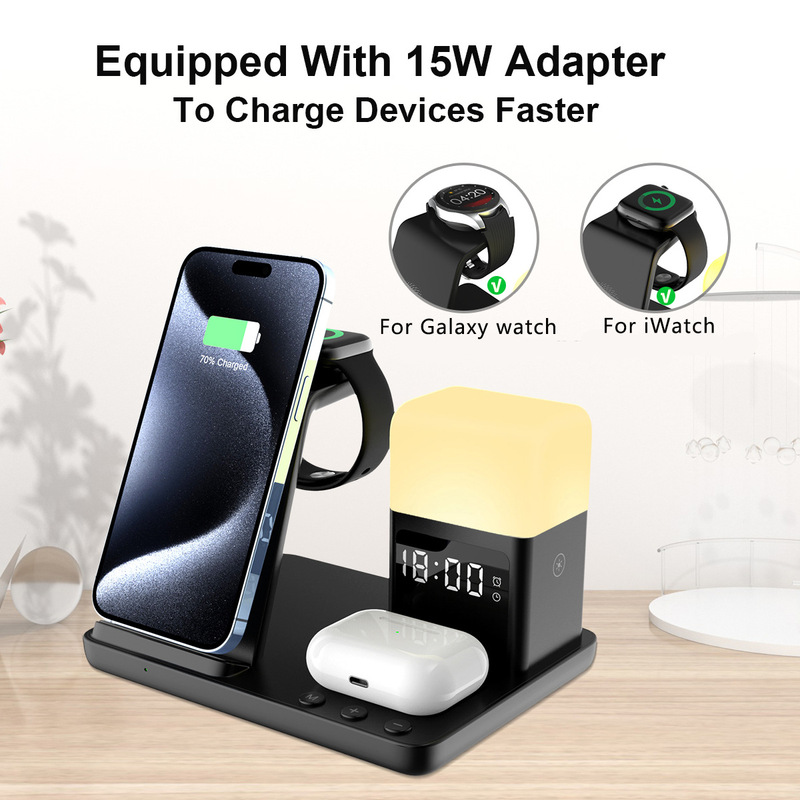 New cross-border wireless charger mobile phone desktop bracket fast charging line charging six-in-one charging stand with light
