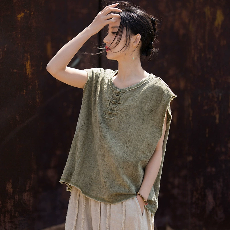 Новый летний льняной жилет в китайском стиле с принтом тай-дай, большой размер, свободный утягивающий топ без рукавов из хлопка и льна с пуговицами для женщин