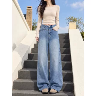 美式复古做旧水洗牛仔裤女2026秋季拖地显瘦宽松直筒阔腿长裤