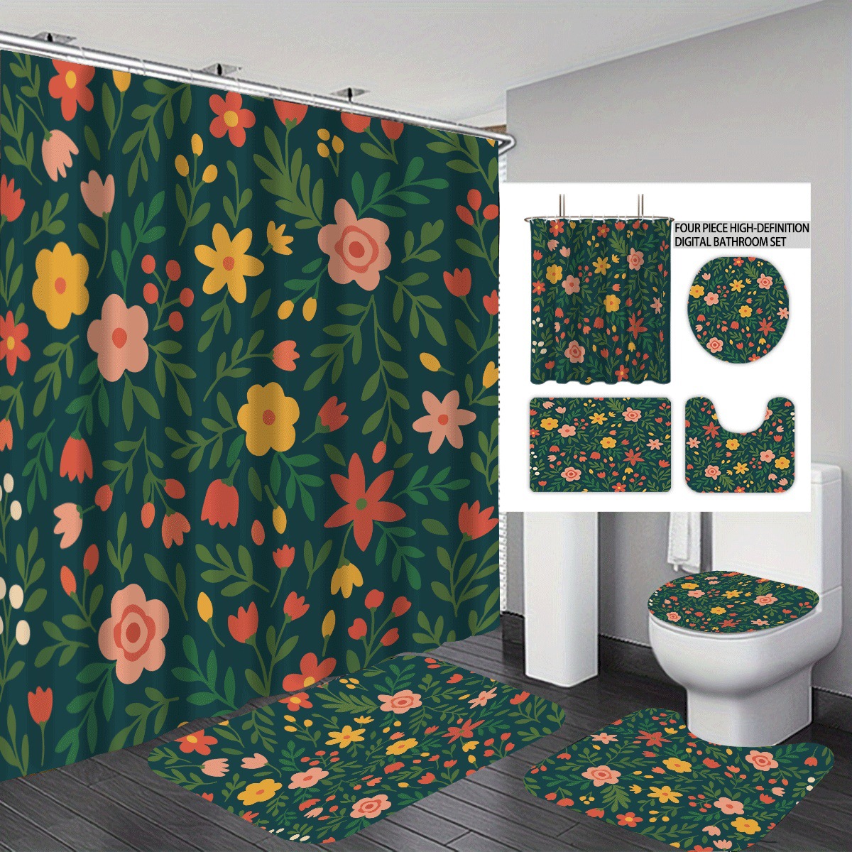 Agente de poliéster Mei Ke más cortina de baño impermeable serie de agua floral 3D impresión digital cortina de baño cuatro piezas alfombra absorbente