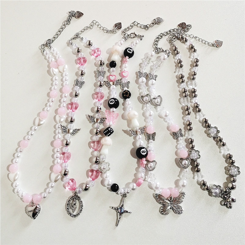 Collana con ciondolo a forma di farfalla, stella, croce, cuore e fiore in metallo Y2K, perle acriliche_voghion.com
