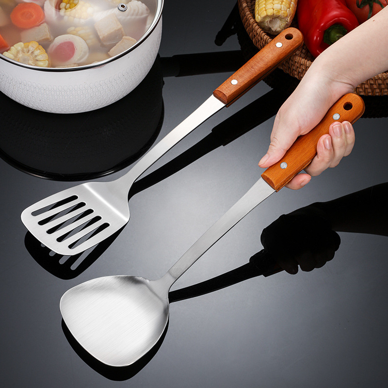 Espeso no magnético mango de madera de acero inoxidable pala de cocina conjunto de pala de cocina de fugas de cocina