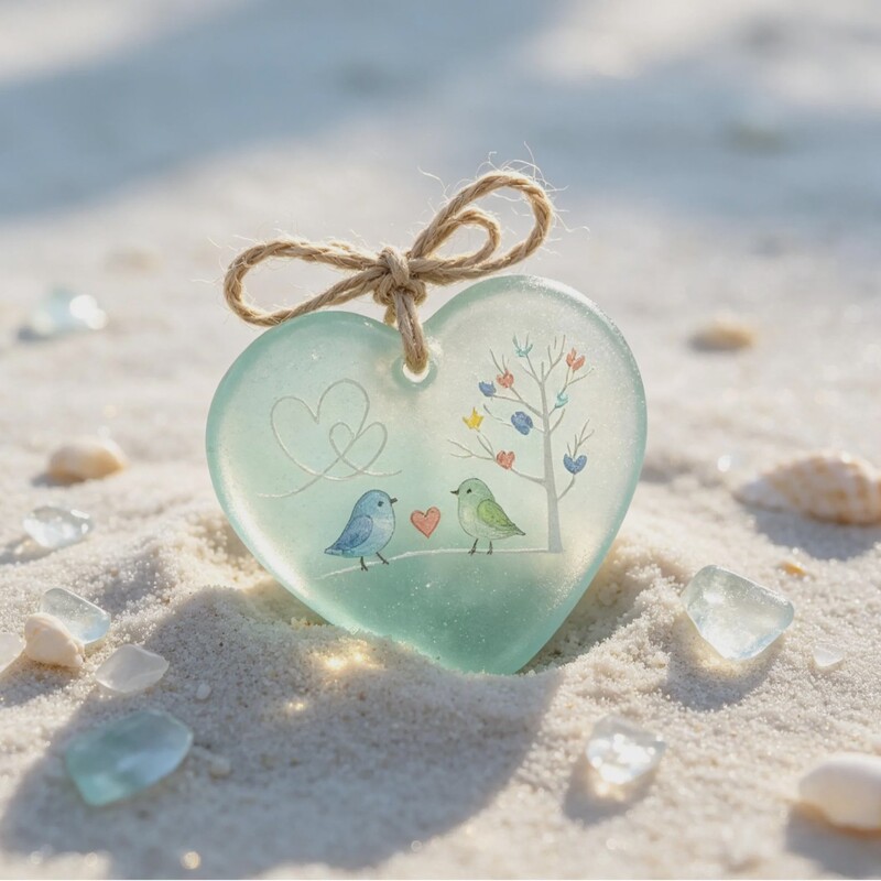 Sea glass friendship gift ocean style starfish tree bird painted pendant sea glass heart gift box pendant