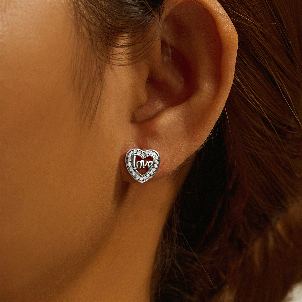 4g Weight Zircon Inlay Material Ear Studs Classification 1 Pair Quantity Daily, Festival Occasion 925 Sterling Silver Material Mother'S Day Festival Letter, Heart Shape Pattern Women's Gender Plating, Inlay Design Simple Style Style 1 Pair 925 Sterling Silver Zircon Letter Heart Shape Ear Studs 11