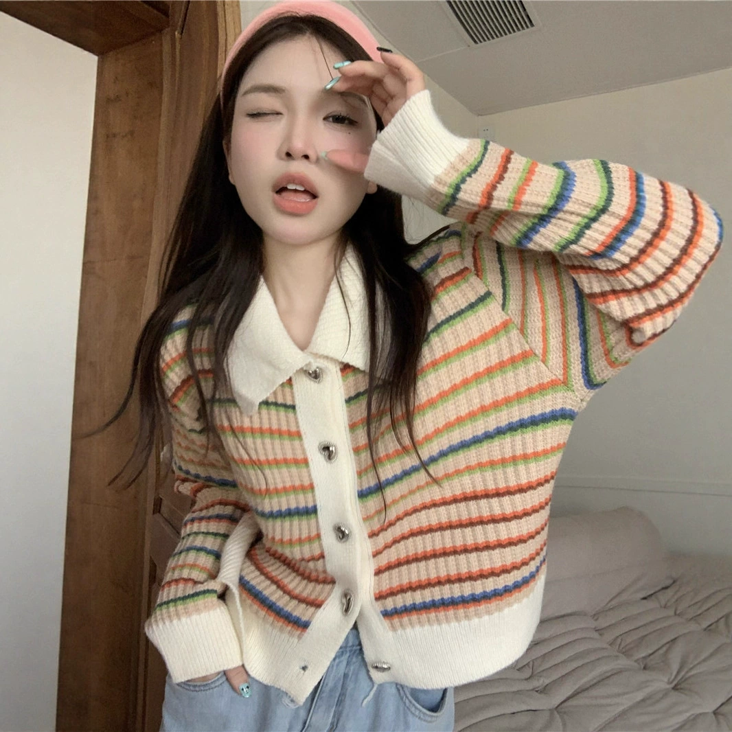 Вязаный кардиган в радужную полоску, Женский 2023, Новое поступление, короткое осеннее пальто, свитер, женский кардиган в стиле Chanel с длинным рукавом