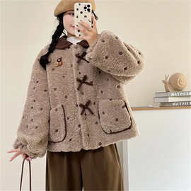 森系刺绣波点加棉羊羔毛棉衣女秋冬新款门襟蝴蝶结减龄加厚外套女