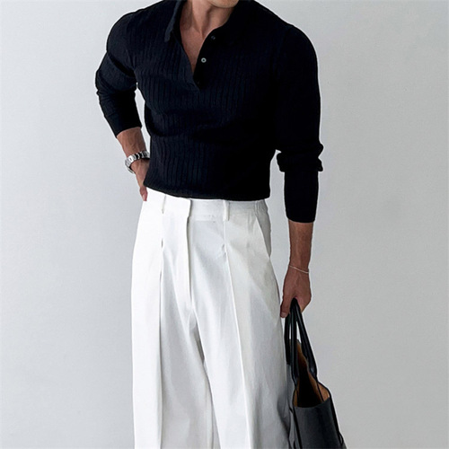 Autumn and Winter Korean-style Polo Shirt Lapel Sweater for Men, Long-Sleeve Preppy-Style Solid-Colored Knitted Base Layer Top & Outerwear