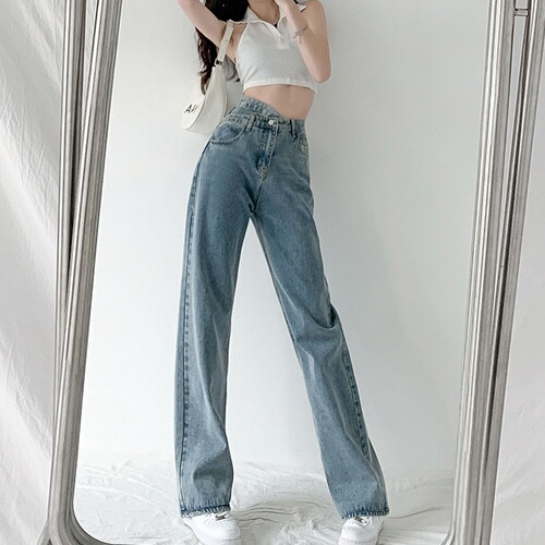 Irregular oblique buckle high waist chic style Korean style wide leg jeans for women new spring and autumn loose straight floor mopping pants