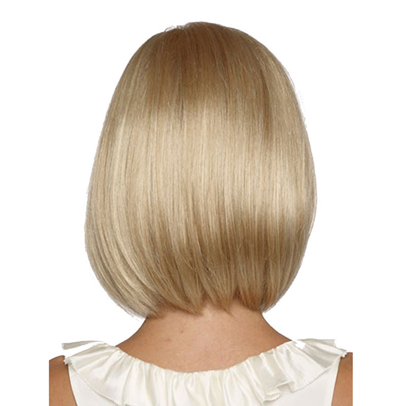 Synthetische Perücke für Damen, kurzes Haar mit geradem Pony, hellgoldener Wellenkopf_voghion.com