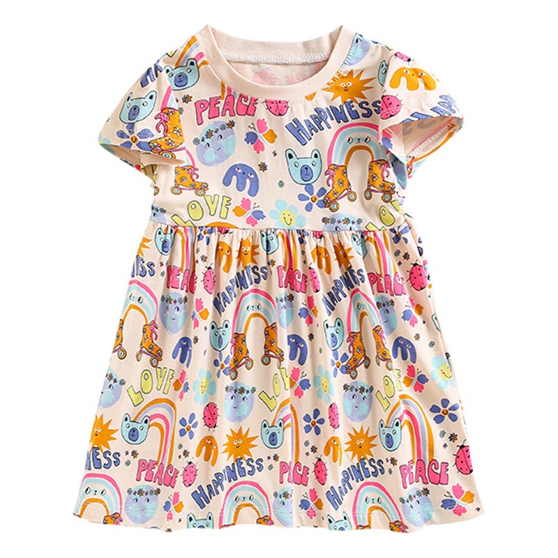 Malwee niñas vestido verano nuevo europeo y americano niños casual impreso manga corta cuello redondo vestido de princesa para niños