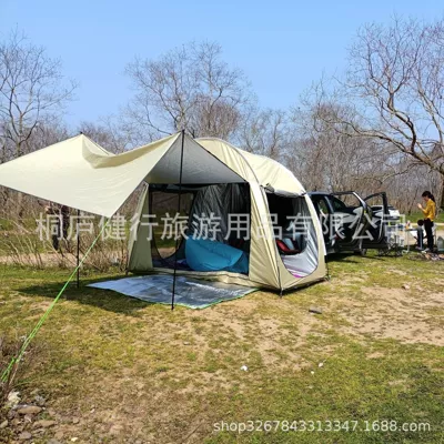 All models rear extension tent car tent with mesh extension canopy front hall car tent rear tent (Avtomobil dam çadırları) - individual-khaki-color-silver-coated-bedroom-and-one-living-room-double