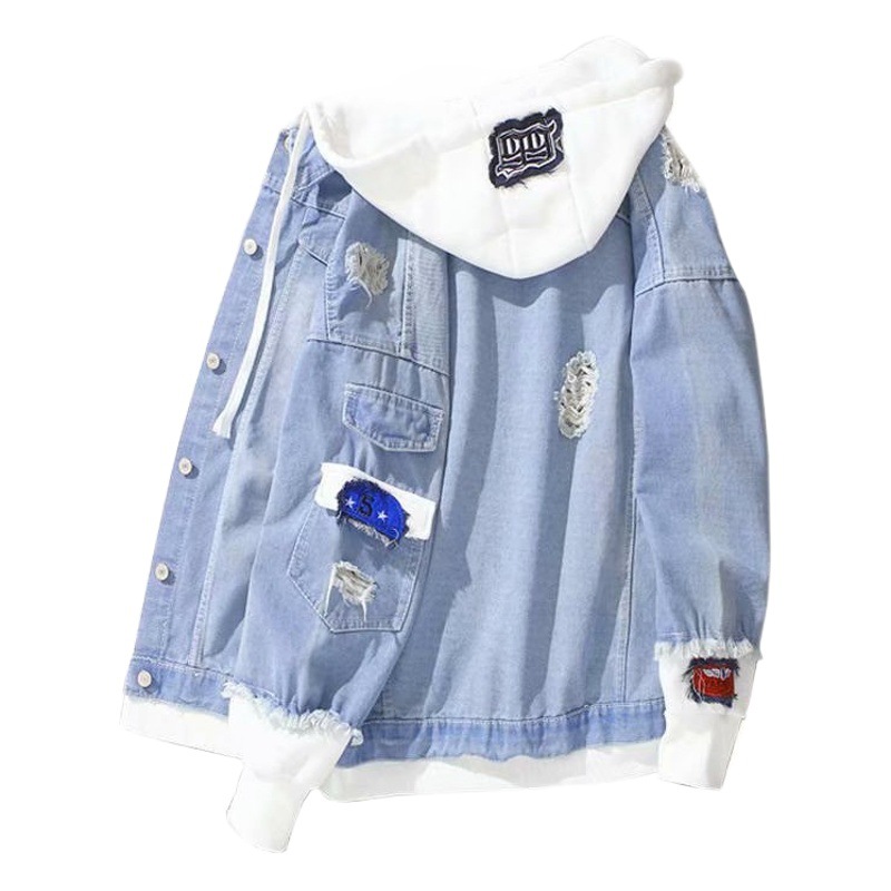 [Speed Lion] Abrigo de mezclilla falso de dos piezas con capucha de color de contraste Estilo coreano de moda chaqueta casual suelta de todos los partidos