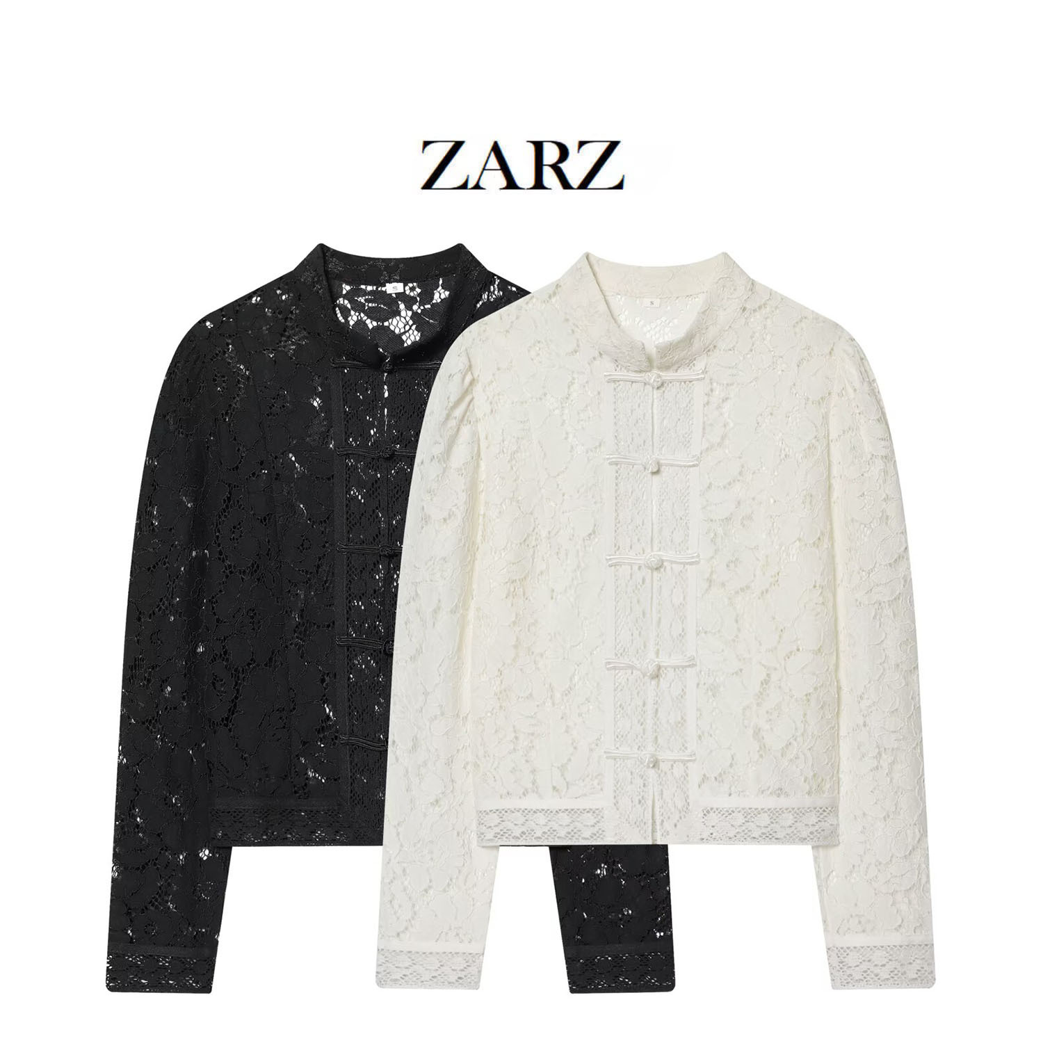 Zarz Self-Designed European and American Style New Women's Clothing, Stylish European and American Style Buttoned Waist Lace Crochet Stand-Up Collar Shirt
