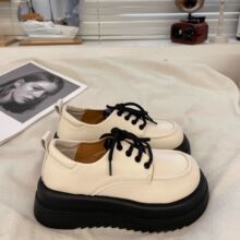 黑色松糕厚底小皮鞋女2023秋冬新款英伦风圆头系带百搭日系乐福鞋