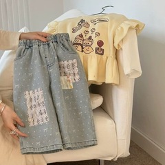 韓国の子供服の女の子の春のズボン2025の新型の洋気の子供の流行の布のジーパンの赤ちゃんの広い足のズボン