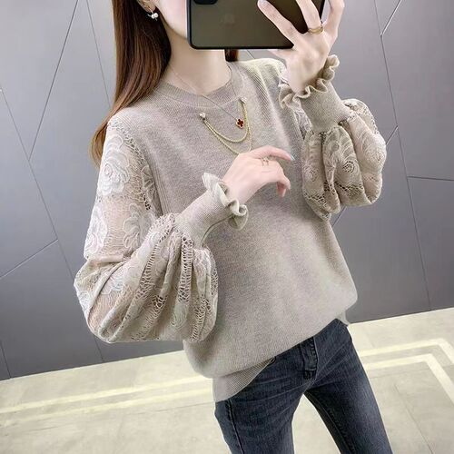 Spring New Arrival Round-Neck Pullover Hollow-Out Sweater for Women, Loose-Fitting Lace Fashion Top, Knitted Base Layer Shirt for Outwear