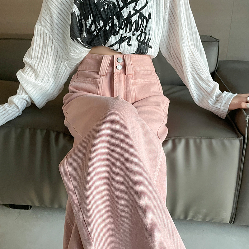 美式髒粉色牛仔褲女春秋2024年新款高腰顯瘦寬鬆闊腿直筒拖地長褲