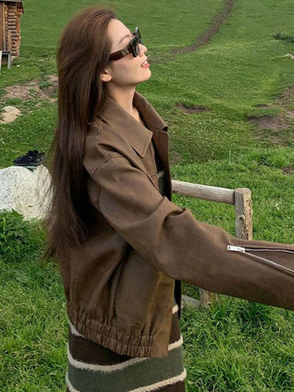 美式复古咖色机车pu皮夹克女春秋季宽松感超好看皮衣开衫外套|undefined