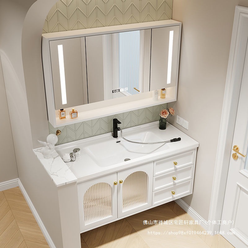 Light Luxury and Simple Pastoral Style Household Solid Wood Bathroom Cabinet Combination with Integrated Ceramic Basin for Washing Hands and Face