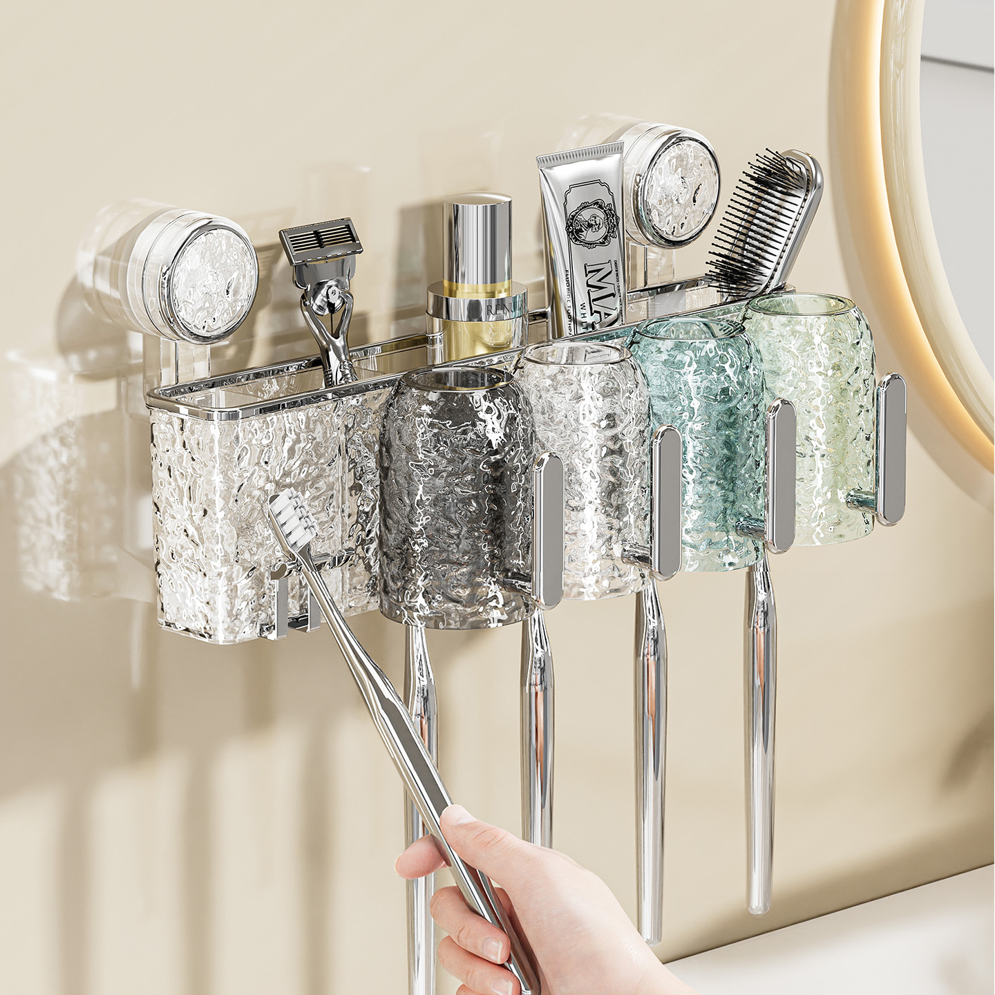 Cepillo de dientes de ventosa, estante de almacenamiento, baño sin perforación 2025, nuevo baño de pared de tazas de dientes, pasta de dientes, enjuague bucal