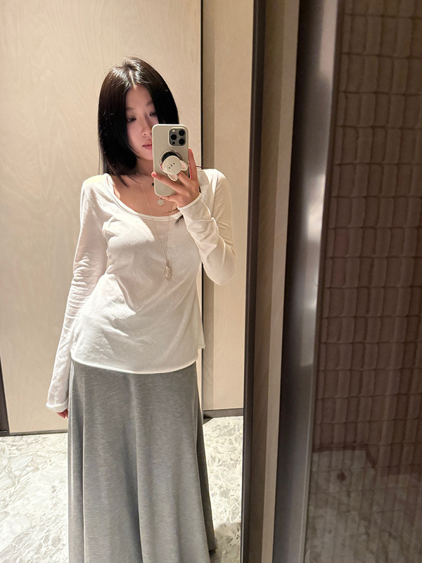 FOX ROOM 休闲卷边长袖T恤2025秋季新款宽松百搭U领纯色上衣Y128|undefined