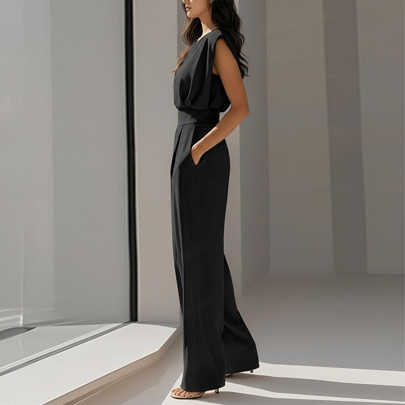 2026 Spring New Women's Clothing, Fashion Casual Commuter Solid Color Crew Neck Pleated Jumpsuit_ecoleips.com