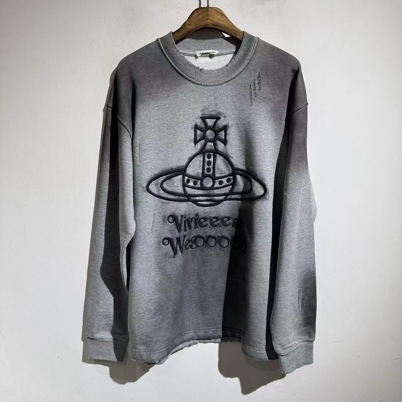 American Street Style 25Aw Heavy-Duty Saturn Embroidered Round-Neck Sweatshirt Fleece Washed Distressed Ripped Men's and Women's Os Pullover