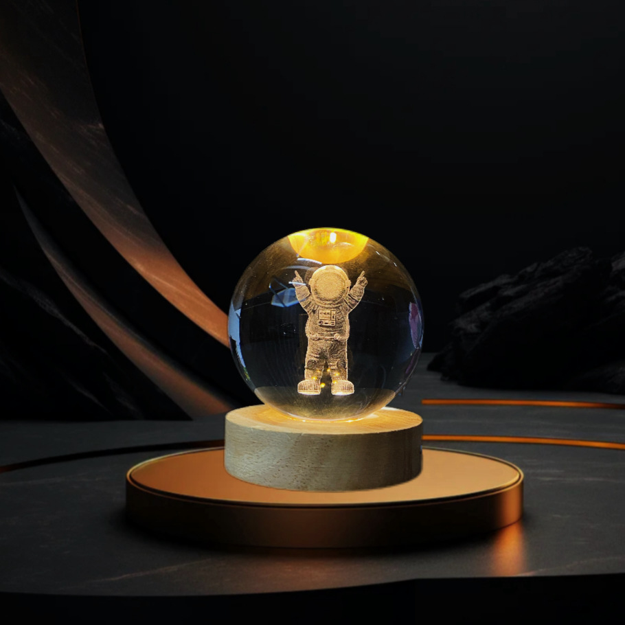 Lámpara de Noche de Cristal con Diseño de Cielo Estrellado 3D, Regalo Navideño, Base Redonda de Madera Luminosa, Lámpara de Mesa, Adorno, Regalo de Navidad