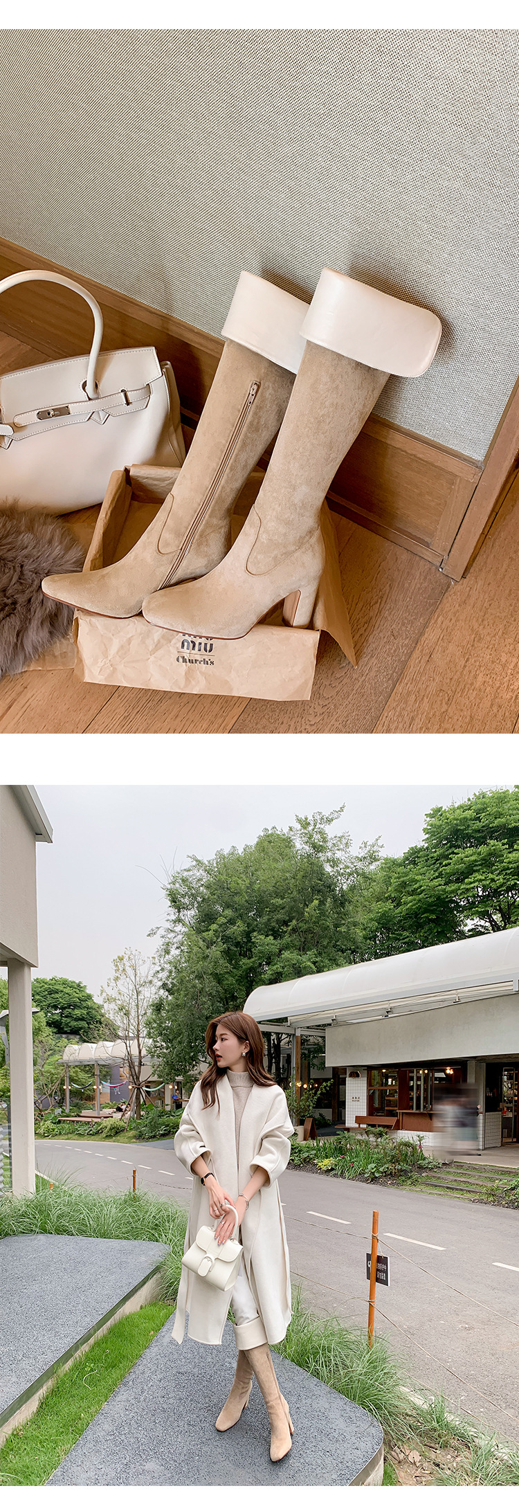Boot nữ cổ cao quá gối mũi vuông gót thô 5 cm phong cách Hàn Quốc, có thể gập ống — Lớp lót nhung ống nhỏ màu đen 5cm chi tiết 15