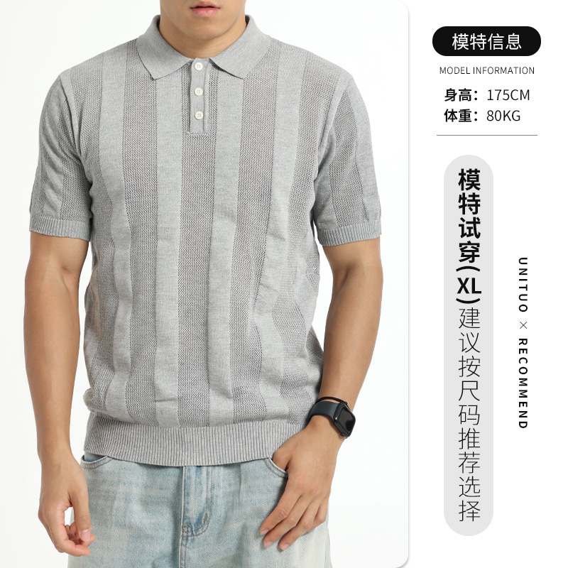 Lujo ligero de alto nivel de hielo jersey polo hombre manga corta con collar vertical rayas comerciales casuales chaqueta de polo hombre