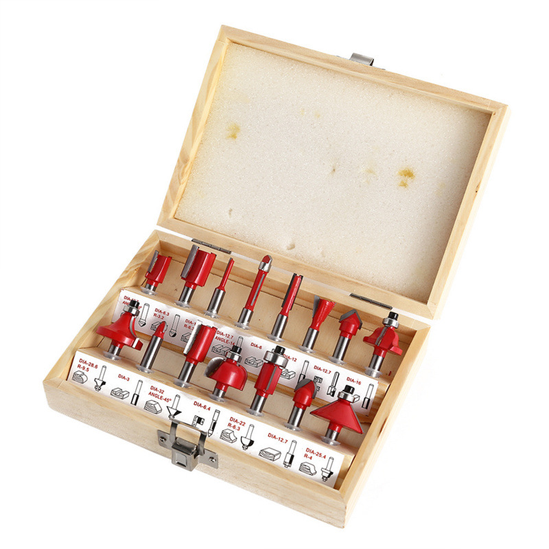 15件套铣刀套装修边机雕刻机木工铣刀1/4柄1/2柄硬质合金刀头