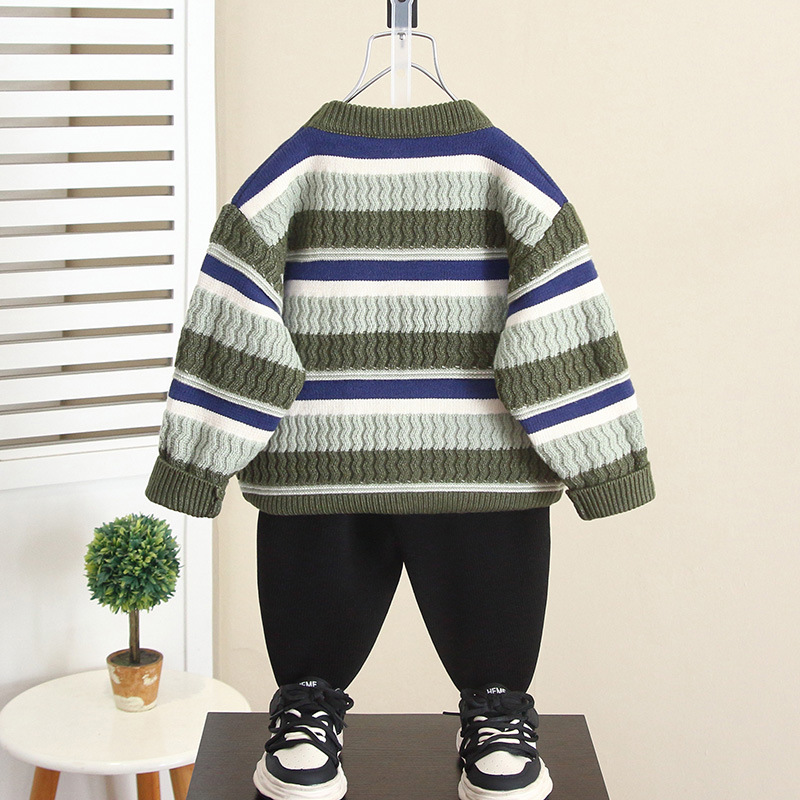6774 Suéter a rayas para niños Otoño e invierno Suéter de punto grueso para bebés 2024 Nueva ropa de invierno para niños Tops de moda