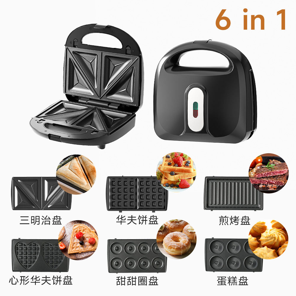 6-in-1 브런치 메이커 (샌드위치 + 와플 + 구이 팬 + 하트 와플 팬 + 도넛 + 케이크 팬)