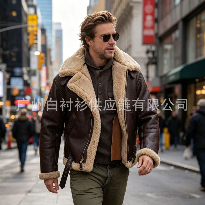 2026 Cross-Border Men's Fashion New European and American Style Fur-Lined Jacket, Fashionable In-Stock Pu Leather Turn-Down Collar Warm Jacket