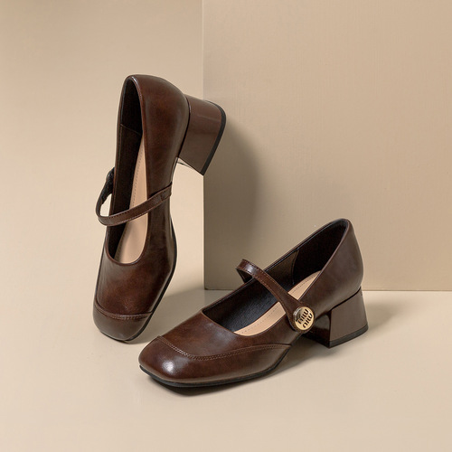 Women's 2024 Spring New Square Heel Flat Mary Jane Shoes, One Strap, Little Black Dress Style, Retro French Single Shoes