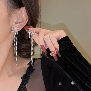 闪钻蝴蝶结耳环女2024年新款潮气质流苏长款耳饰网红复古耳钉