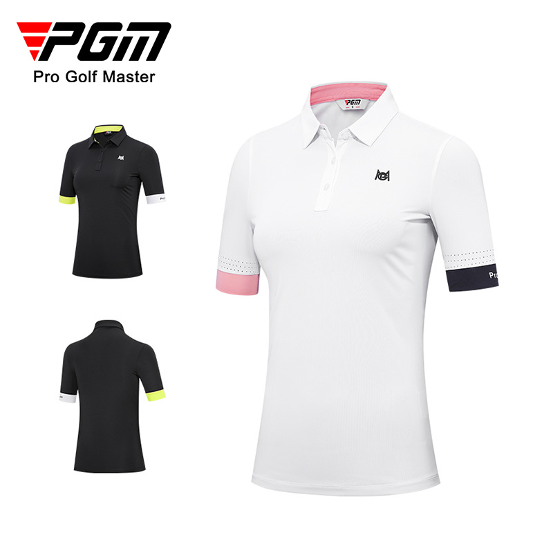 Áo thun nữ golf PGM tay ngắn phối màu thoáng khí — YF564-Áo màu trắng, YF564-Áo màu đen, KUZ149-Quần màu xanh nước biển, KUZ149-Quần Trắng