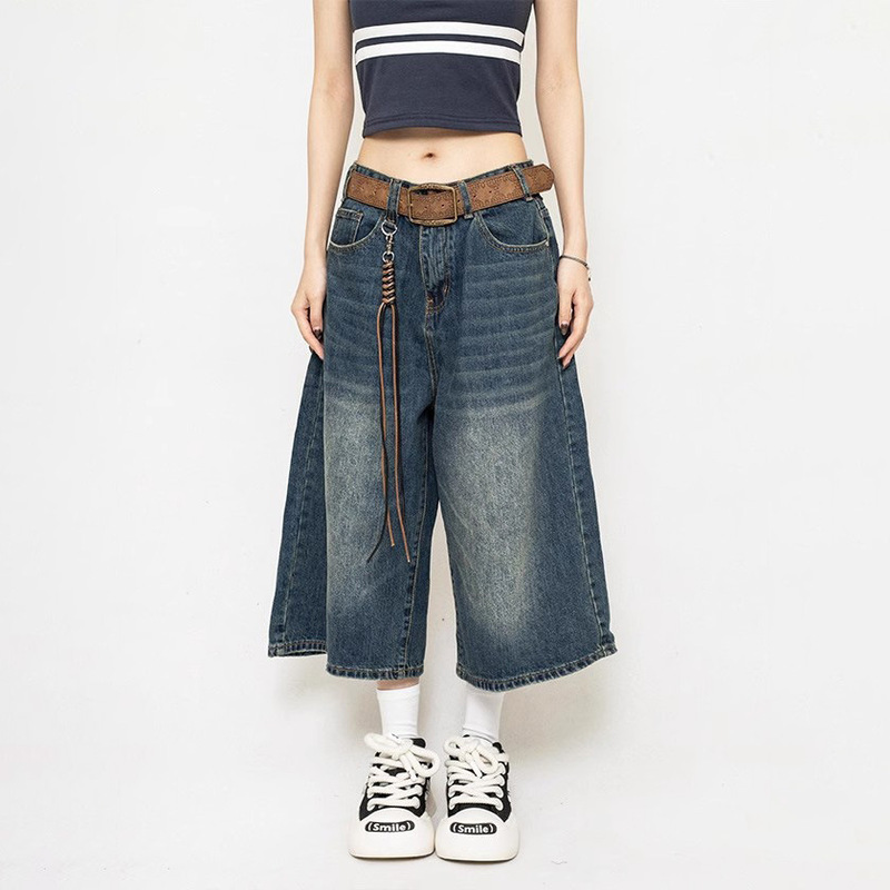 Summer American Retro Loose Petite Vintage Cropped Denim High Street Design Wide-Leg Cropped Pants for Women Summer Cross