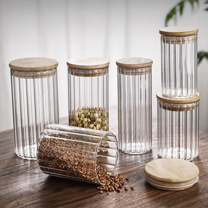 En stock patrón vertical de borosilicato redondo sellado tarro de té hogar transparente frasco de almacenamiento de vidrio botella de almacenamiento de dulces