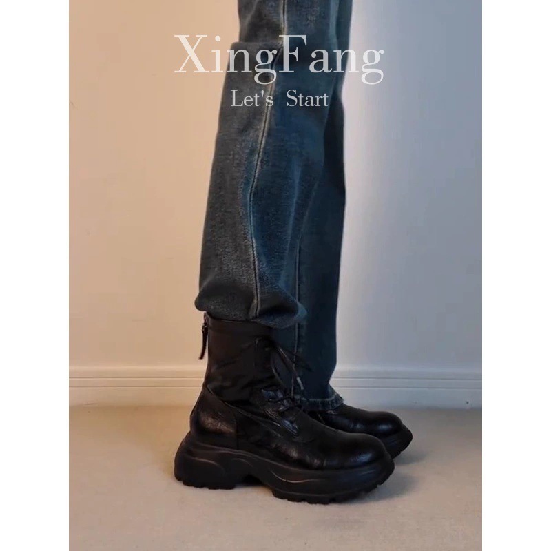 牛皮版~英伦风复古真皮厚底马丁靴女秋冬新款系带增高瘦瘦靴短靴|undefined