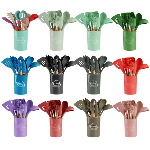 Set of 12 cooking wooden-handled silicone utensils, non-stick spatulas, spoons, and oil brushes, food-grade silicone baking tools, soup