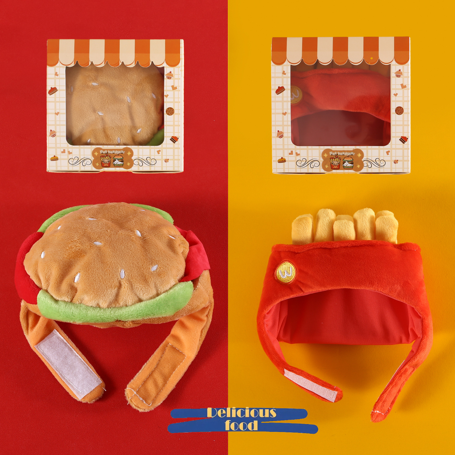 Big redondo mascotas hamburguesas patatas fritas dibujos animados bonitos sombreros gatos Teddy Bear fotografía toque de cabeza cálido toque de cabeza