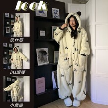 可爱少女熊猫珊瑚绒连体睡衣女冬季2025新款加绒加厚一体式家居服
