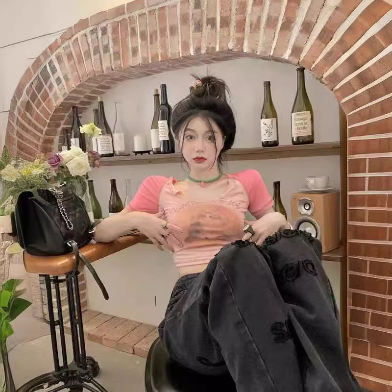 Sweet Spice Girl Cute Cat Printed Pink Short-sleeved T-shirt Girls Summer Pure Slim U-neck Navel Short Top