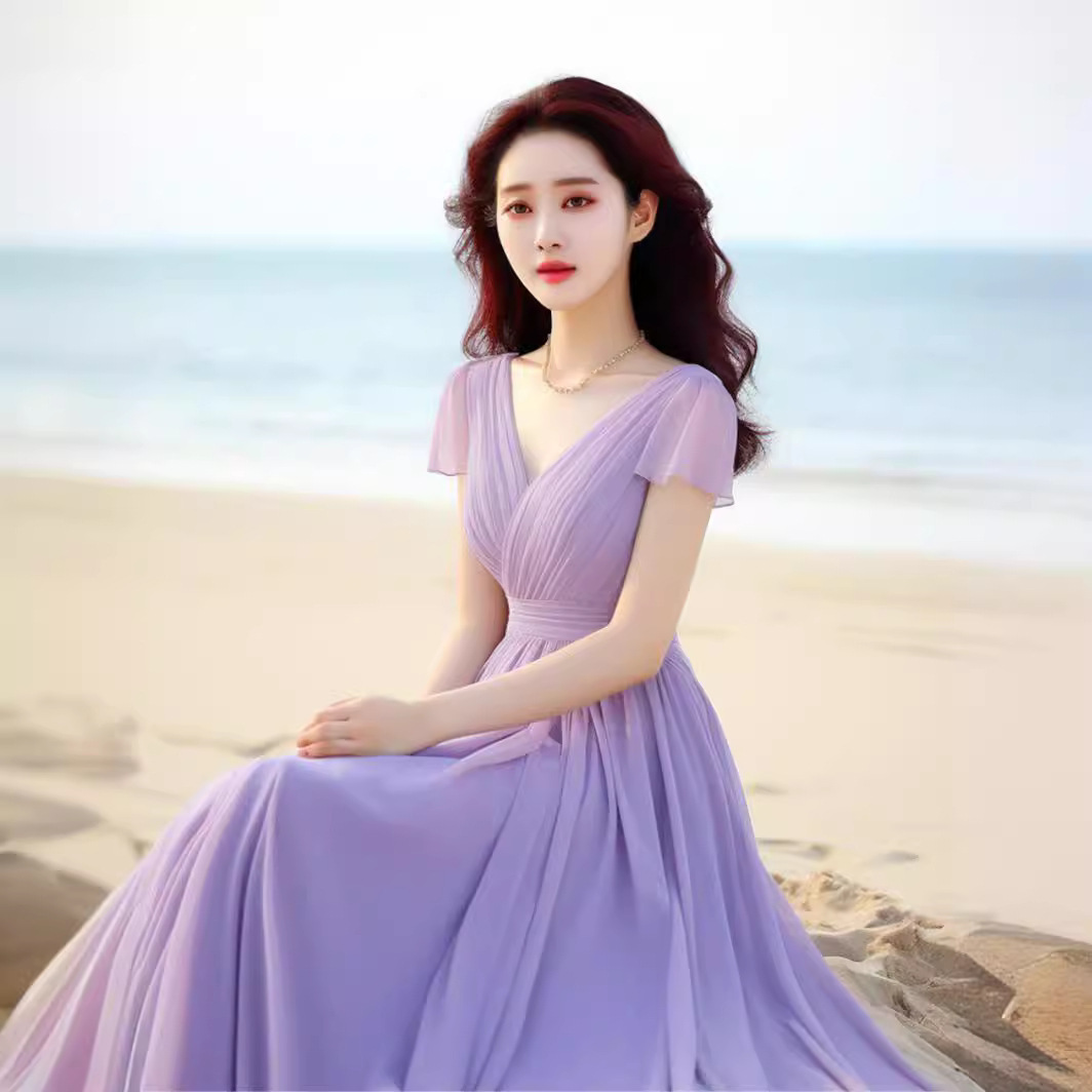 Váy dài thắt eo tay ngắn màu tím thanh lịch nữ tính — Màu tím