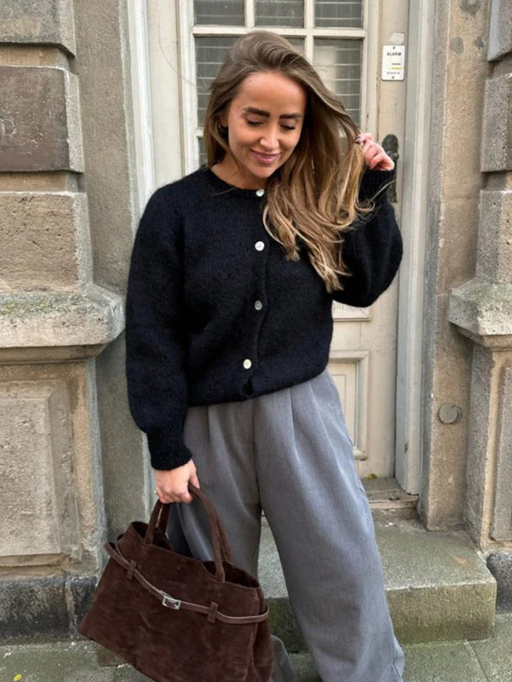 Áo cardigan len dệt kim dáng mỏng nhẹ cài nút một hàng, tay dài cổ tròn nữ — hoa hồng đỏ, màu be, màu cam, màu hoa cà chi tiết 100