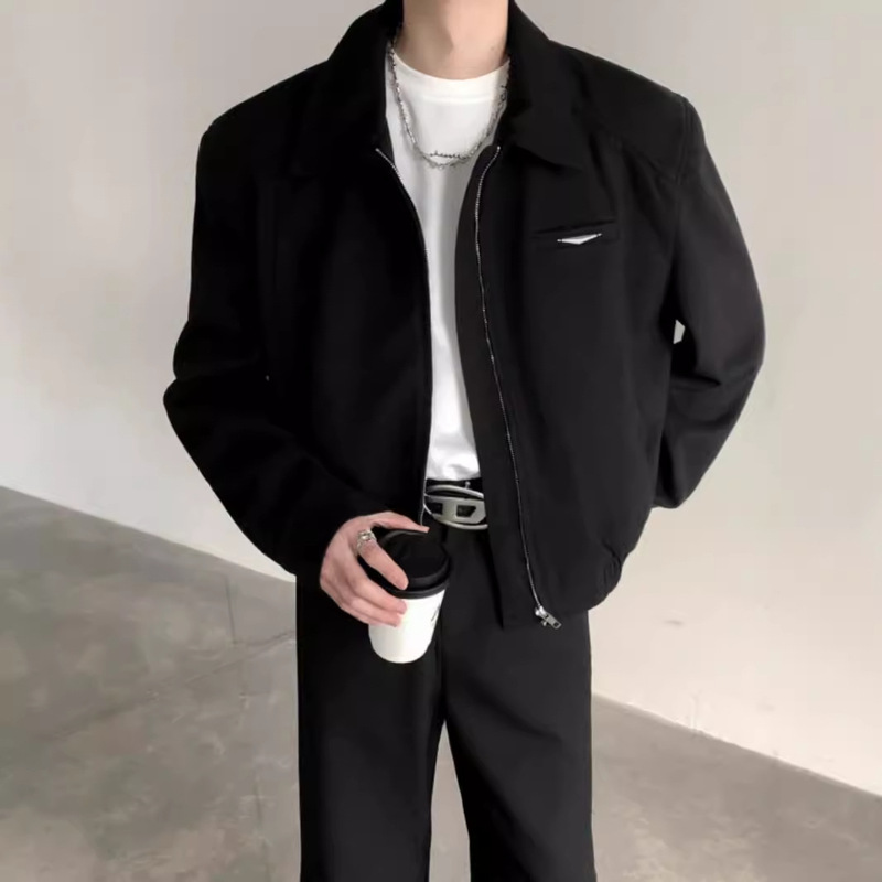 cleanfit Short Jacket Men's Autumn and Winter Duffy Handsome American Shoulder Pad Jacket High-grade Black Lapel Baseball Suit