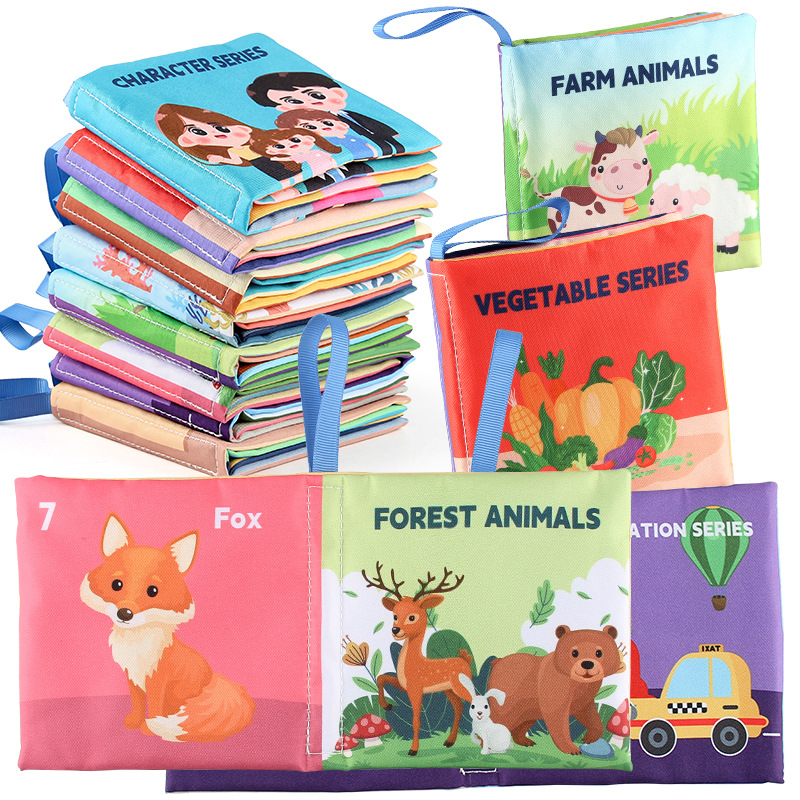 Libro de tela tridimensional para bebés juguetes de Educación Temprana de 4 lados de 8 páginas personaje de comida cognición animal libro de tela para bebés libro De Palma inglesa