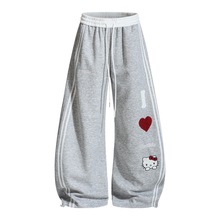 美式高街廓形弯刀裤男士vibe潮牌凯蒂猫卡通刺绣休闲宽松阔腿长裤